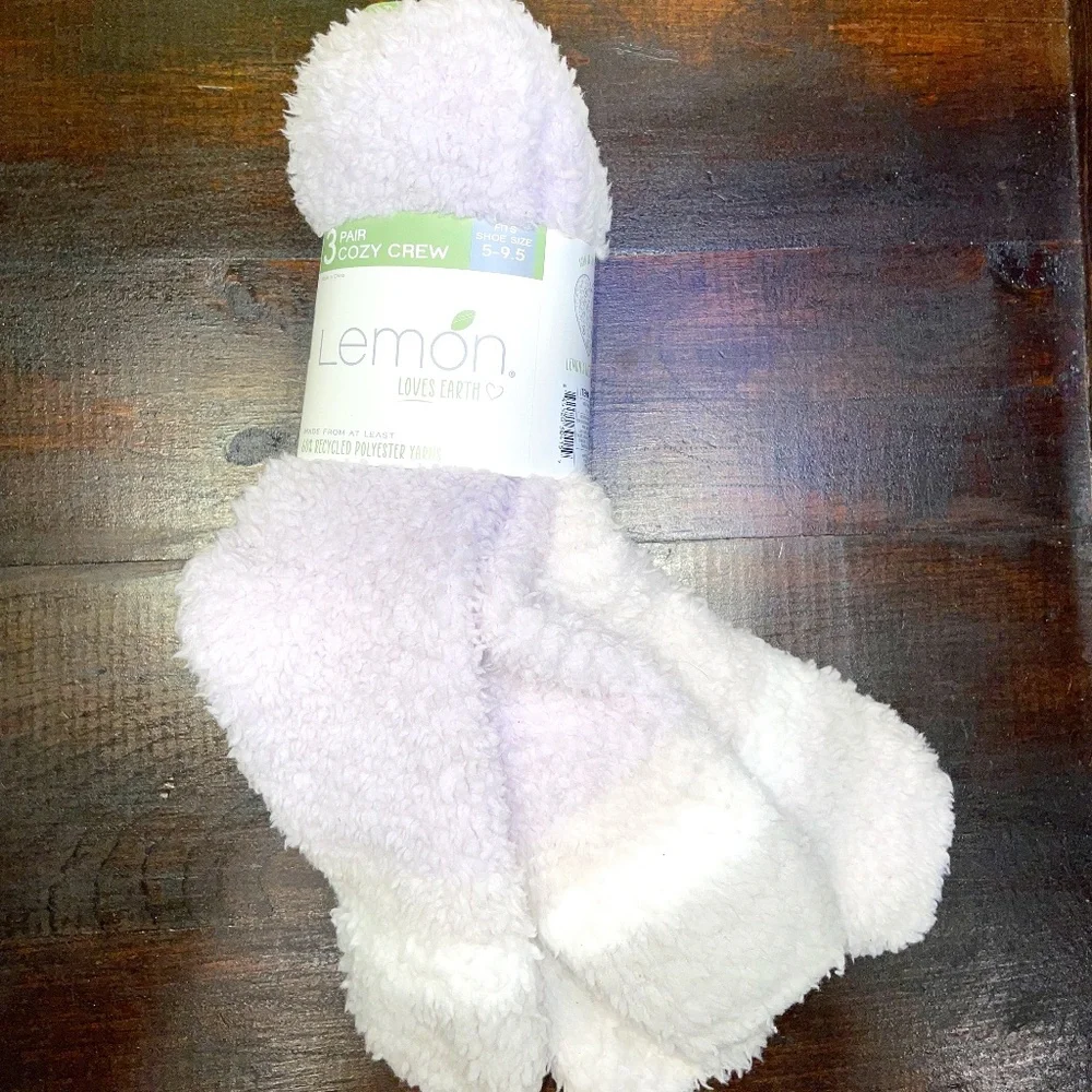 NEW‎ Lemon Loves Earth 3 Pair Cozy Crew Plush Crew Socks Sz 5-9.5 OEKO Tex